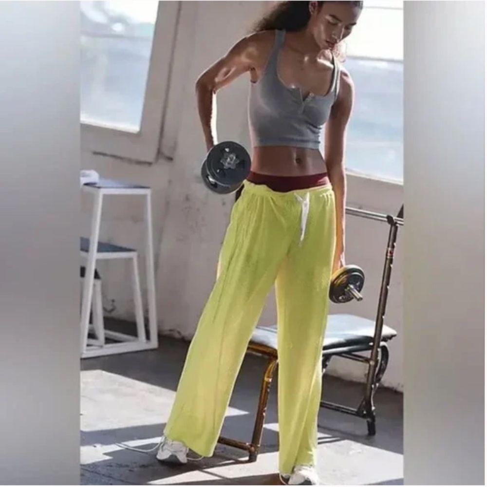 FP Movement by Free People Overtime Mesh Wide Leg Pants Sour Citrus Yellow Small - Picture 4 of 11